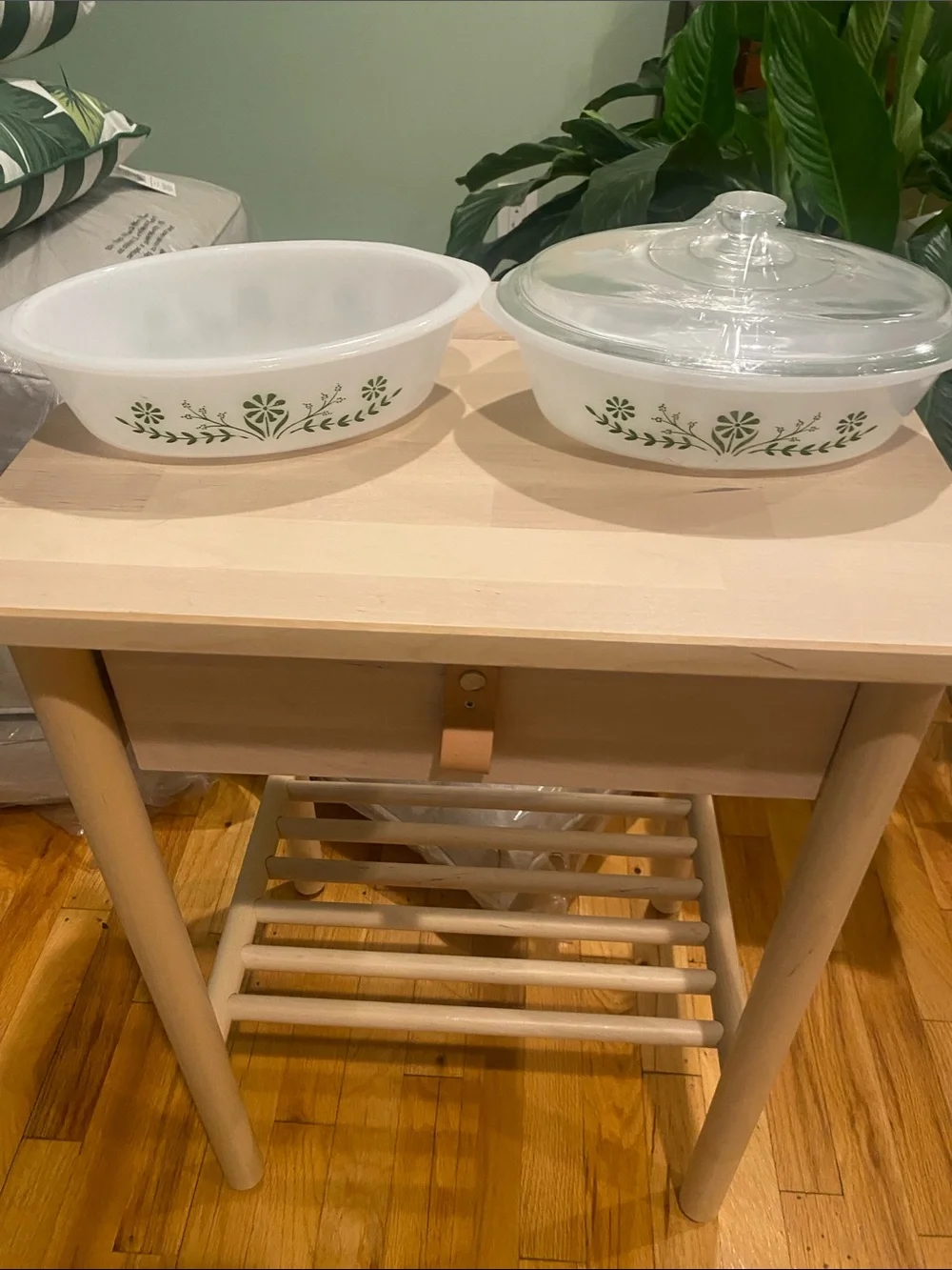 Vintage White Casserole Dish with Green Floral Pattern - Bakeware